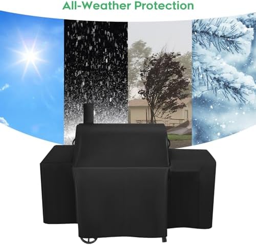 Heavy-Duty 600D Grill Cover fits for Char-Griller Smokin Champ 1624、Smoking Champ Offset Smoker 1733、Blazer 2130 and Classic 2175,Expansion Sleeves fit Around Side fire Box and Flue