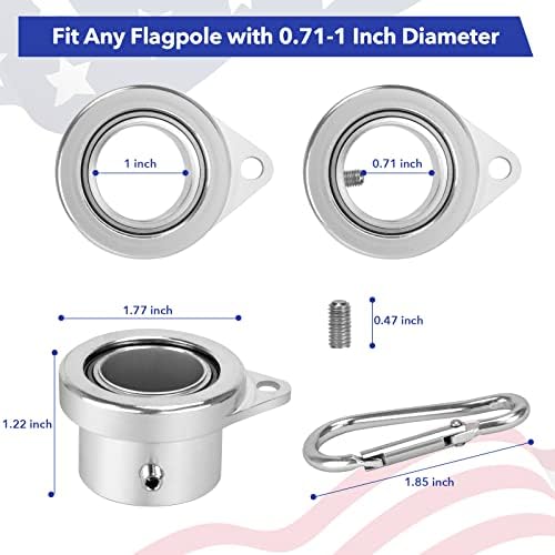 Aluminum Alloy Flagpole Ring Set with Bearings 2 Pack, Anti Wrap 360°Rotating Flag Mounting Ring Spinning Flag Pole Kit with Carabiner for 0.71-1.00 Inch Diameter Flagpole(Silver)