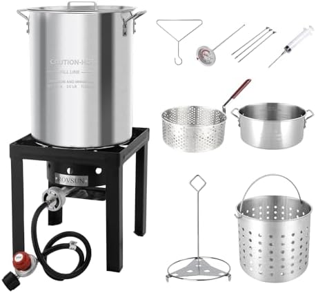 ROVSUN 30QT Turkey Fryer & 10QT Fish Fryer Kit w/ 55,000BTU Propane Stove, Aluminum Outdoor Deep Fryer & Seafood Boiler Steamer w/Baskets, Thermometer, Marinade Injector, Turkey Rack & Rack Lifter