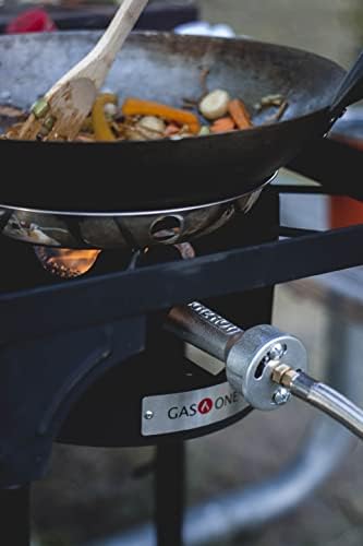 GasOne Propane Single Burner Camp Stove with High Temp Paint & Red QCC Steel Braided Regulator with Height Adjustable Leg