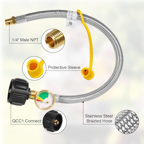 18 Inch RV Propane Hose with Gauge - Camper Tank Hose Replacement Stainless Steel Braided, Rv lp Gas Hoses Connector for Standard Two-Stage Regulator - 1/4 Male NPT x QCC1, 350 PSI (2 Pack)
