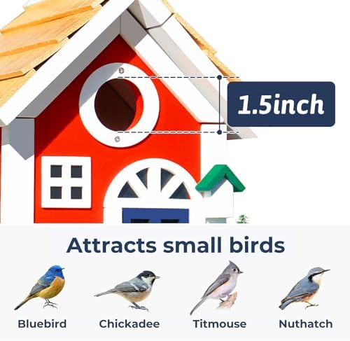 Masterpiece Bluebird House for Outside - Solid Cedar Wood Bird House Bird Feeder for Outdoor - Stainless Hardware - 2 Optional Hole Size 1.5" /1.25" - Garden Center Piece (Red Mansion)