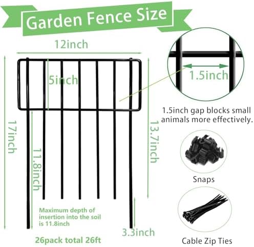 Animal Barrier Fence, 26 Pack No Dig Fence Decorative Fences, 17in(H) x10ft(L) Rustproof Metal Wire Small Garden Fence Border for Dogs Rabbits (26 Pack,28Ft)