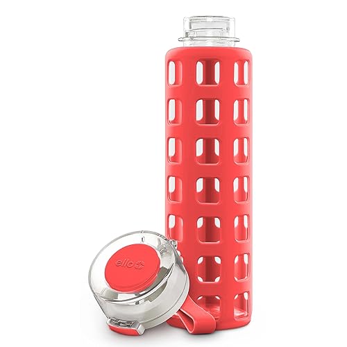 Ello Syndicate Glass Water Bottle with One-Touch Flip Lid and Protective Silicone Sleeve and Carry Loop, BPA Free, Dishwasher Safe, Coral, 20oz