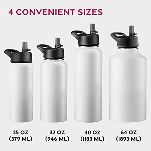 FineDine Triple Walled, Insulated Water Bottles with Straw - 25 Oz Stainless Steel Metal Bottle W/ 3 Leak Proof Lids - For Travel, School, Sports, Gym/Men, Women & Kids - Pure Pearly White