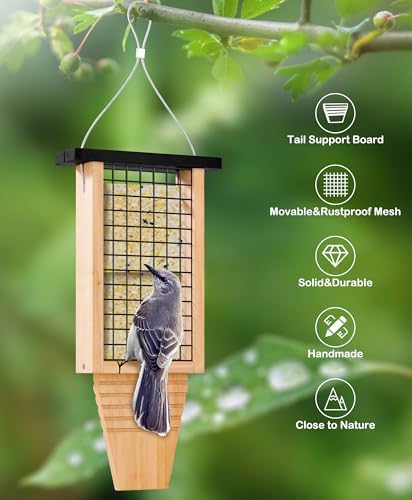 Wooden Suet Bird Feeder for Outside Hanging, Large Woodpecker Suet Feeder with Tail Prop, Hanging Bird Feeder for Wild Birds, 1 Pack, Black