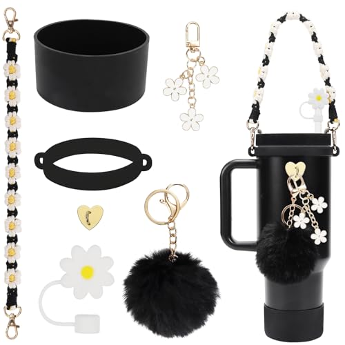 Stanley Cup Accessories Set Including Water Bottle Handle Strap, Siliocne Stanley Cup Boot, Siliocne Straw Cover, Stanley Charms for Stanley Cup 40oz & 30oz Tumbler (Almond Rose)