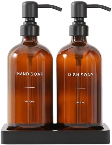 Amber Soap Dispenser Set, Soap Dispenser for Kitchen Sink with Black Stainless Steel Pump, Perfect for Kitchen Accessories Decor. (Amber)