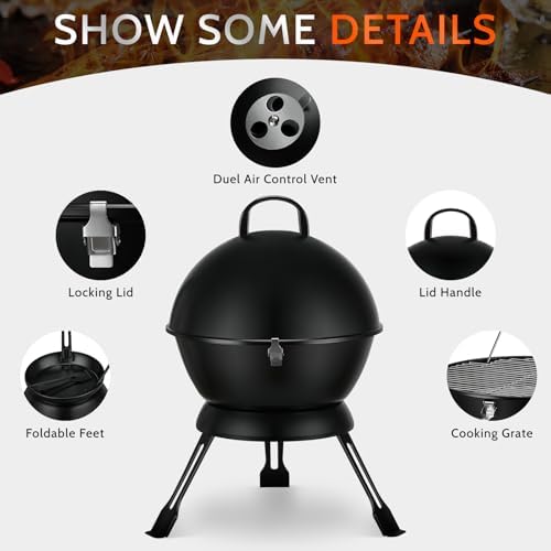 MBY 14 inch Portable Barbecue Grill with Dual Venting System, Small Foldable Charcoal Grill with Warming Rack for Picnic, Camping, Backyard-Black