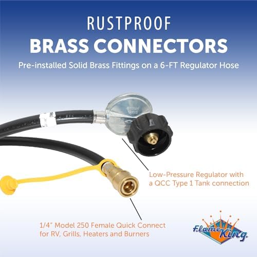 Flame King 90 Degree Low-Pressure Propane Gas Regulator Hose with Quick Connect for RVs, Grills, Heaters, Burners, 6 Feet - LPRH6