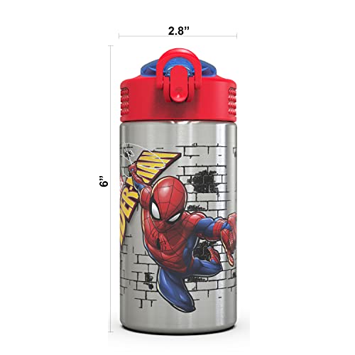 Zak Designs Stainless Steel One Hand Operation Lid and Built-in Carrying Loop Water Bottle with Straw Spout is Perfect for Kids (15.5 oz, BPA Free), 1 Count (Pack of 1), Spiderman