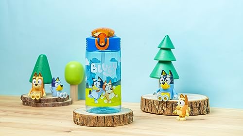 Zak Designs Bluey Kids Durable Plastic Spout Cover and Built-in Carrying Loop, Leak-Proof Water Design for Travel, (16oz, 2pc Set), Bluey Bottle 2pk