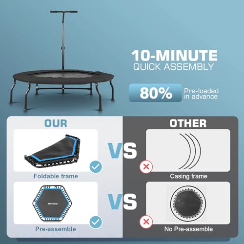 ANCHEER 40" Foldable Mini Trampoline Max Load 450lbs, Fitness Trampoline with Bungees, Adjustable Foam Handle, Indoor Exercise Trampoline for Adults Inoor/Garden Workout (Blue 50'')