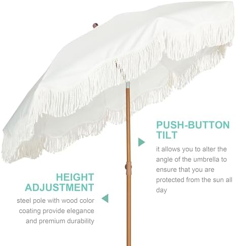 AMMSUN Boho Fringe Umbrella Outdoor Patio, 6.5ft UPF50+ Picnic Umbrella with Tassels with Steel Pole and Push Button Tilt, Antique White