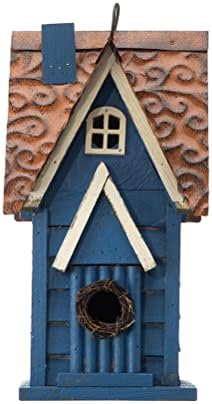 Glitzhome 12" H Retro Blue Distressed Solid Wood Cottage Birdhouse Hanging Bird House for Outdoors