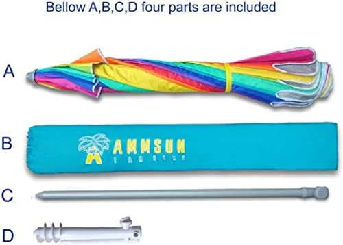 AMMSUN 7.5ft Large Heavy Duty HIGH Wind Beach Umbrella with sand anchor & Tilt Sun Shelter, UPF 50+ Protection Outdoor Umbrellas Sunshade with Carry Bag for Patio Garden Pool Backyard Rainbow