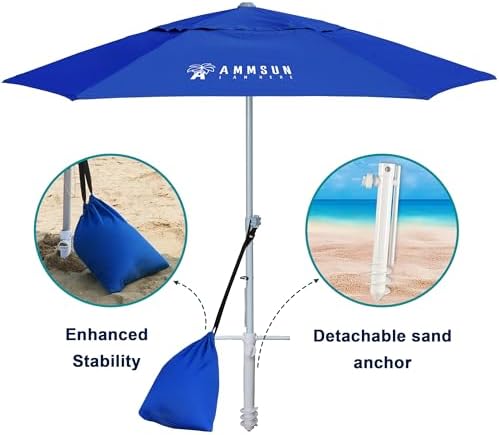 AMMSUN 8ft Large Beach Umbrellas for Sand Heavy Huty Wind Portable Commercial Grade Patio Beach Umbrella with Sand Anchor Adjustable Height Air Vent UPF 50+ Telescoping Pole without tilt Dark Blue