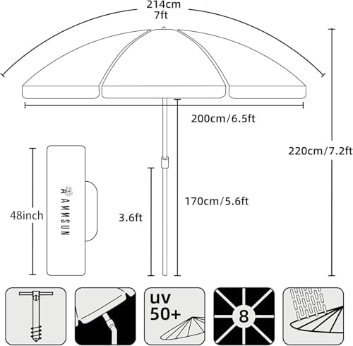 AMMSUN 7ft Heavy Duty HIGH Wind Beach Umbrella with sand anchor & Tilt pole Sun Shelter, UV 50+ Protection Outdoor Sunshade Umbrella with Carry Bag for Patio Garden Beach Pool Backyard Blue