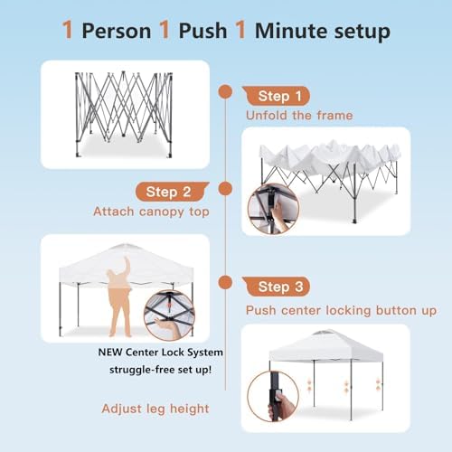 Amada 10x10ft 1-Person Setup Pop Up Canopy Tent - Easy Outdoor Sun Shade for Events, Parties, Camping, Gazebo with Wheel Cover Bag, Beach Tent with 3-Speed Adjustable Height,White