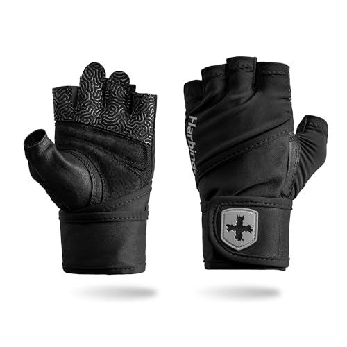 Harbinger Pro Wristwrap Gloves 3.0 - Enhanced Grip, Superior Wrist Support, Breathable 4-Way Stretch Lycra, Durable Leather Palm, Half-Finger Design for Weightlifting, Gym, Black, Small - Men's