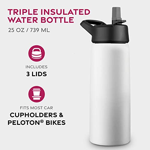 FineDine Triple Walled, Insulated Water Bottles with Straw - 25 Oz Stainless Steel Metal Bottle W/ 3 Leak Proof Lids - For Travel, School, Sports, Gym/Men, Women & Kids - Pure Pearly White