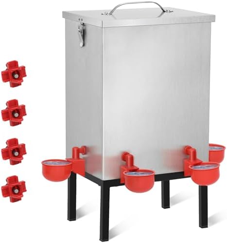 3 Gallons Chicken Waterer,Stainless Steels Automatic Chicken Waterer with Latch and Bottom Bracket，Poultry Watering 4 Water Cups Chicken Feeder Waterer and 4 Horizontal Automatic Chicken Nipples