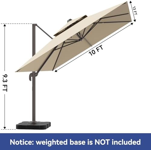 10x13FT Cantilever Outdoor Patio Umbrellas, Double Top Large Rectangle Umbrella, Heavy Duty 360° Rotation Offset Outdoor Sun Shade Umbrella for Garden Deck Pool Backyard Patio, Beige