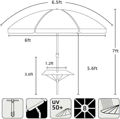 AMMSUN Beach Umbrella With Sand Anchor & Table Tray, 6.5ft Portable Heavy Duty Sun Outdoor Umbrella, UV 50+ Protection, Carry Bag for Patio, Pool and Garden, Blue