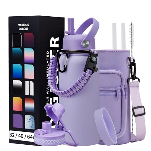 DIGJUPER Insulated Water Bottle 32 oz - with Straw & Pop-up Spout Lid, Paracord Handle, Carrier Shoulder Strap, Protective Boot, Wide Mouth Double Walled Vacuum Insulated Gym Water Bottle for Women
