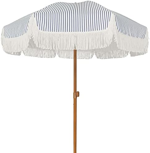 AMMSUN 7ft Patio Umbrella with Fringe Outdoor Tassel Umbrella UPF50+ Premium Steel Pole and Ribs Push Button Tilt, Navy Blue Stripes