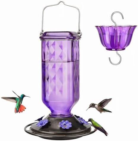 Glass Hummingbird Feeder Hanging Hummingbird Feeders for Outdoors Leak Proof Base Feeder with Ant Moat Bee Proof 6 Feeding Ports for Outside Garden Decor Backyard Gifts for Women Mom (Purple)