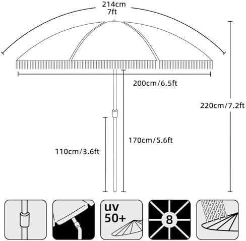 AMMSUN 7ft Patio Umbrella with Fringe Outdoor Tassel Umbrella UPF50+ Premium Steel Pole and Ribs Push Button Tilt, Cream White