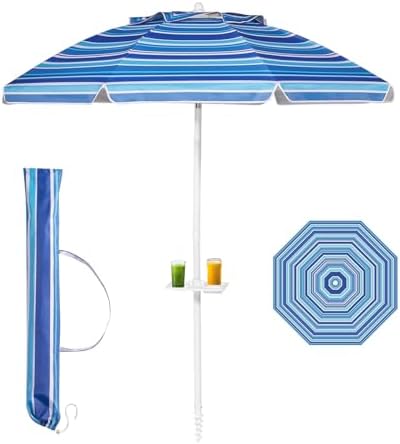 Aoxun 8ft Beach Umbrella with Tray and Tilt Pole Portable Patio Umbrella with Sand Anchor and Carry Bag Outdoor UPF 50+ Sun Shelter with Air Vents Design (Navy Blue)
