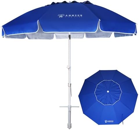 AMMSUN 8 Feet Large Beach Umbrella with Sand Anchor Heavy Duty High Wind Portable Outdoor Umbrellas UV 50+ Protection Air Vent Tilt Patio Garden Pool