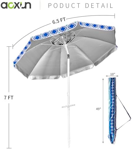 Aoxun Beach Umbrella with Tilt Pole, Portable Sand Anchor and Carry Bag, UPF 50+ Sun Shelter Air Vents Design for Outdoor Activities (Blue), 6.5ft