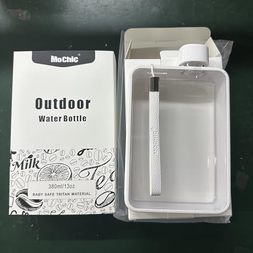 MOCHIC CUP Flat Water Bottle Travel Flask Portable Travel Mug BPA Free A5 Water Bottle for Sports Camping Gym Fitness Outdoor 13oz Fit in Any Bag (White)…