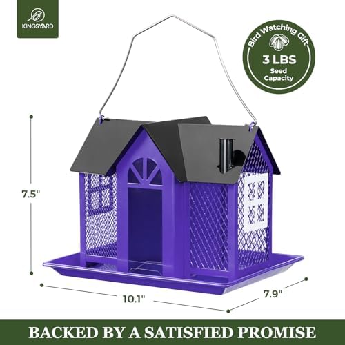 Kingsyard Bird Feeder House for Outside, Metal Mesh Wild Bird Feeder with Triple Feeders for Finch Cardinal Chickadee, Large Capacity, Weatherproof and Durable, Purple