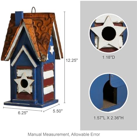 Glitzhome 12.25" H Patriotic Solid Wood Hanging Birdhouse for Outside, Decorative Pet Cottage Villa Distressed Wooden Bird House with 3D Star for Garden Patio Backyard