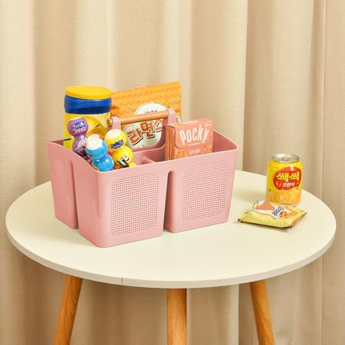 ALINK Portable Shower Caddy Basket with Compartments, Plastic Divided Cleaning Caddy Organizer Storage Tote with Handle for Bathroom, College, Dorm Room Essentials, Pink