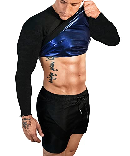 FUXERT Sauna Shirt for Men Long Sleeve Sauna Suit Sweat Compression Top Weight Loss Body Shaper for Workout Sports(BK S)