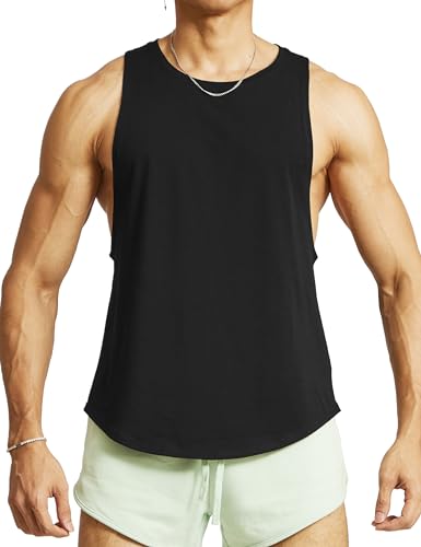 Ouber Men’s Drop Arm Tank Top Gym Workout T-Shirts Sleeveless Muscle Shirts for Bodybuilding, Black M
