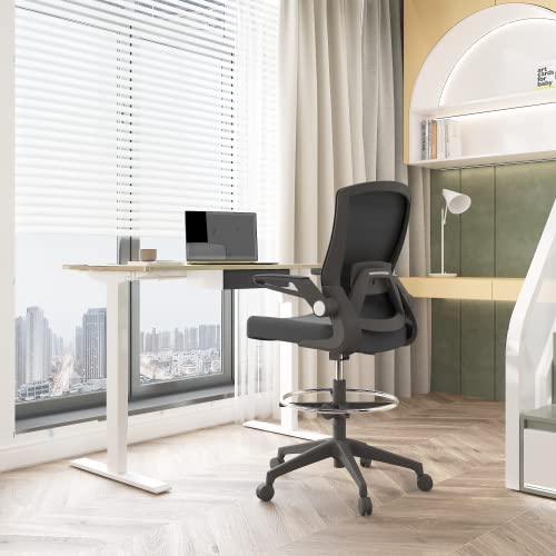Amazon Basics Mid-Back Mesh Office Drafting Chair Stool with Adjustable Footrest, Flip-Up Arms, Black