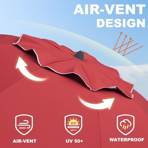 AMMSUN 7ft Heavy Duty High Wind Beach Umbrella Parasols with sand anchor Vent Tilt Sun Shelter, UV 50+ Protection Portable Outdoor Sunshade Umbrellas Carry Bag for Patio Garden Pool Backyard Red