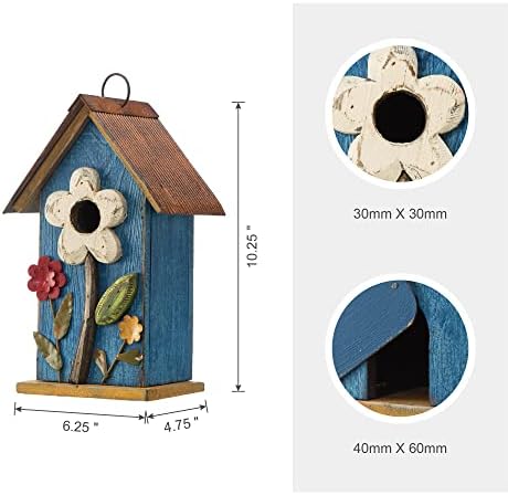 Glitzhome 10.2" H Hanging Bird House for Outdoor Patio Garden Decorative Birdhouse Pet Cottage Distressed Wooden Birdhouse, Flower Rustic Blue