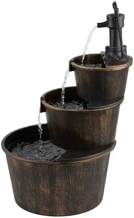 Alpine Corporation TEC234BR Outdoor Floor Tiered Rustic Pump and Barrel Water Fountain, Old-Fashioned Waterfall, 40", Brown