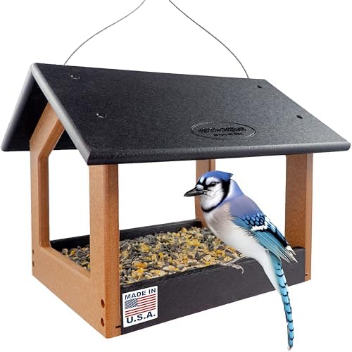 Amish USA Made Recycled Plastic Large Hanging Modern Fly Through Covered Roof Open Platform Tray Bird Feeder for Outdoors, Garden, Yard (Black & Bright Cedar)