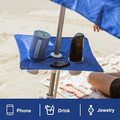 AMMSUN Beach Umbrella With Sand Anchor & Table Tray, 6.5ft Portable Heavy Duty Sun Outdoor Umbrella, UV 50+ Protection, Carry Bag for Patio, Pool and Garden, Blue