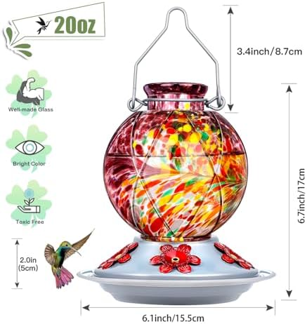 BOLITE Hummingbird Feeder, Hummingbird Feeders for Outdoors Hanging, Hand Blown Glass, Meshy Texture Ball Shape Bottle, 5 Feeding Ports with Perch, 20 Ounces, Leak Proof, Purple, Gifts for Women Men