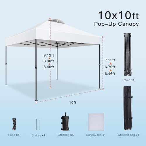Amada 10x10ft 1-Person Setup Pop Up Canopy Tent - Easy Outdoor Sun Shade for Events, Parties, Camping, Gazebo with Wheel Cover Bag, Beach Tent with 3-Speed Adjustable Height,White