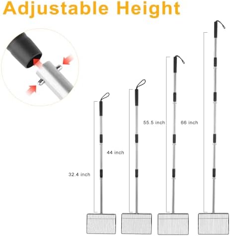 10 Inch Large Chicken Poop Scooper, 5 in 1 Chicken Coop Scoop with 22" to 67" Adjustable Stainless Steel Handle, Litter Sifting Shovel for Chicken Coop, Farm, Sheep Pen, Cat Litter, Stable Cleaning